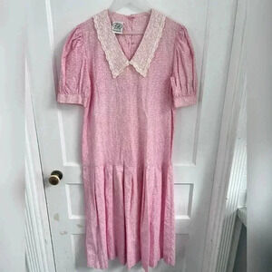Laura Ashley Vintage Pink Floral Drop Waist Lace Collar Dress Size 10 RARE